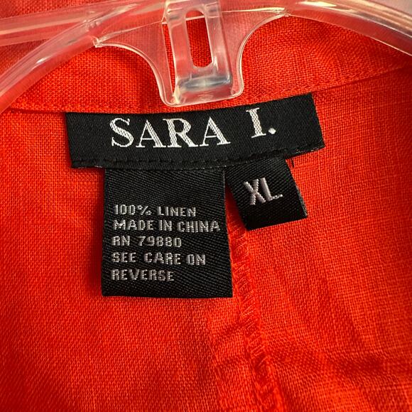 Sari I Womens Linen Top Size XL Orange Boho Artsy Vibrant Pintuck Statement - Picture 3 of 7